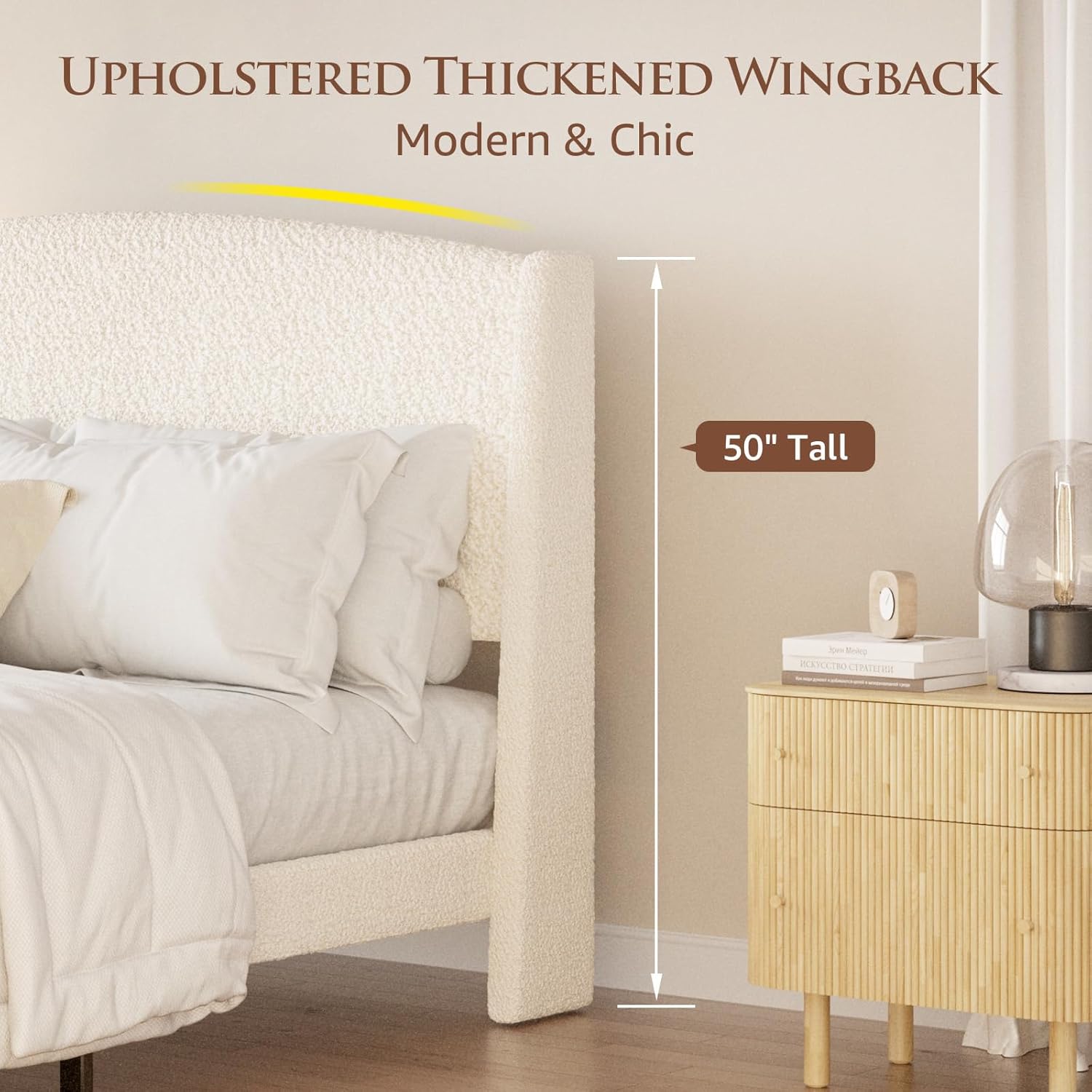 Queen Bed Frame with Wingback Headboard, Teddy Velvet Upholstered Platform Bed, 800LBS Heavy Duty, No Squeak, No Box Spring Needed, 6" Under-Bed Storage, Easy Assembly, Boucle, Beige