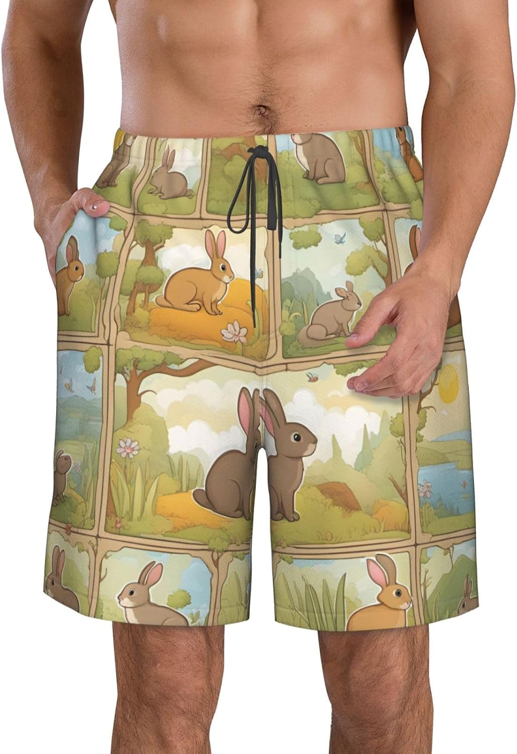 Mens Cartoon Cute Animals Rabbit Print Beach Shorts,Casual Summer Shorts for Men,Quick Dry Polyester