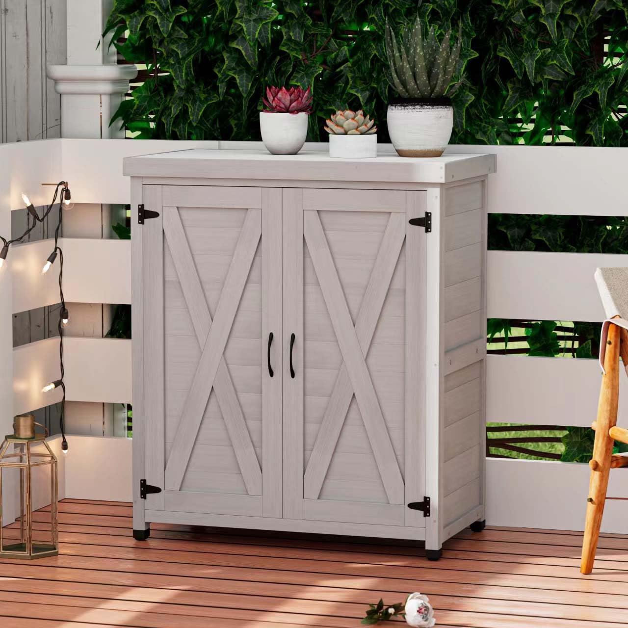 Outdoor Potting Bench with Storage, Metal Potting Tables for Outdoors, Garden Table with Metal Table Top, Outdoor Cabinet for Patio, Garden, Balcony & Yard (Light Brown)