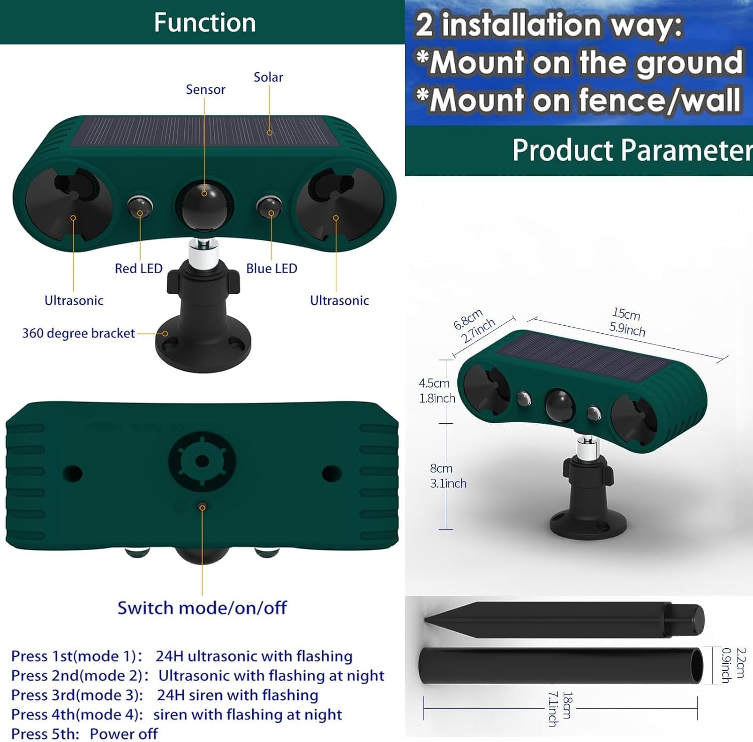 Alarma solar con sensor de movimiento para interiores y exteriores, 4 modos de sirena de 129 db, con advertencia intermitente roja y azul. Ideal para hogares, villas y granjas (2 unidades)