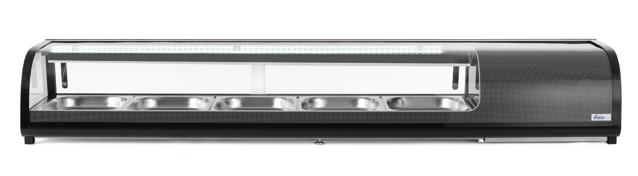 HENDI Sushi-Kühlvitrine, Arktic, mit 5x GN1/2 Behälter, Temperaturbereich: 0° bis 12°C, LED-Beleuchtung, Sushi-Kühlschrank, 230V/190W, 1800x420x(H)265mm, Edelstahl, ABS, Glas, schwarz