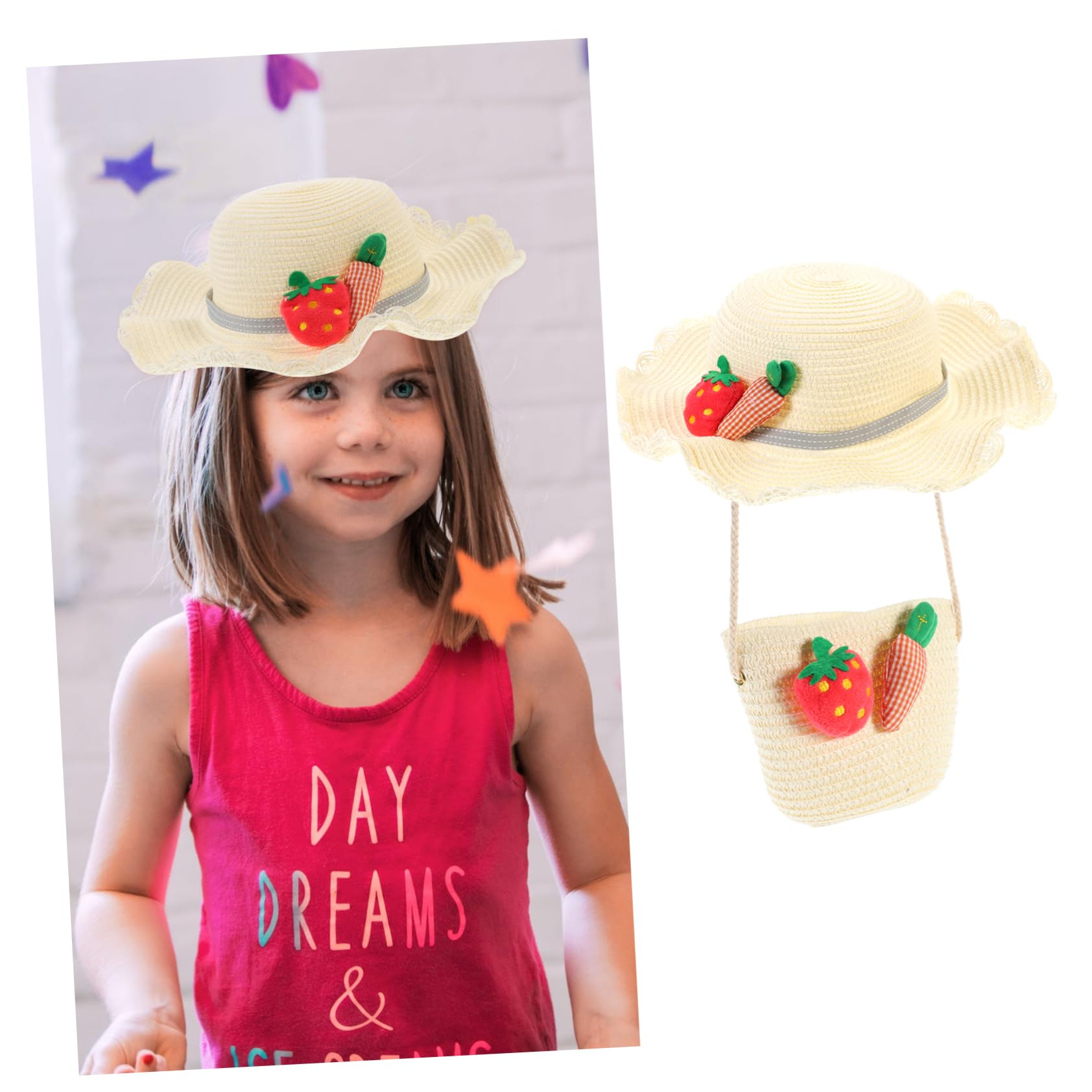 Sombrero de Paja para Niños 1 Set, Paja Beige, Estilo Lovely | Bolsa de Paja para Niños, Decoraciones de Zanahoria y Fresa, Celebracion Verano, para Viajar y Trabajar