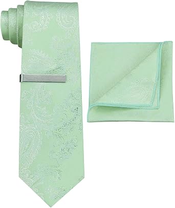 Mens Paisley Tie Set - Silky Satin Necktie Pocket Square Ties Clip - Wedding Groomsmen