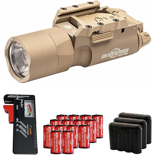 SureFire X300 Ultra LED Tactical Light with Rail-Lock Mount (Tan), 1000 Lumens, 12-Pack 123A Li Batteries, Waith Battery Tester, 3X Waith Battery Cases Bundle Set
