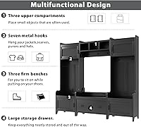 Vista 4 de Merax Árbol de pasillo perchero de pasillo 4 en 1 de estilo moderno con múltiples funciones con siete ganchos negros de metal banco de entrada árbol