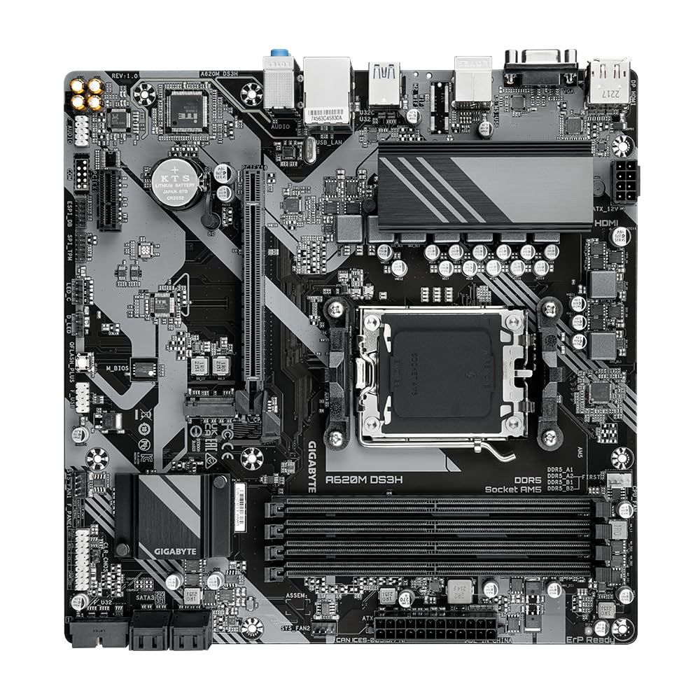 GIGABYTE A620M DS3H Scheda madre - Supporta CPU AMD Ryzen 8000, VRM digitale 5+2+2 fasi, fino a 7600MHz DDR5 (OC), 1xPCIe 4.0 M.2, GbE LAN, USB 3.2 Gen 1