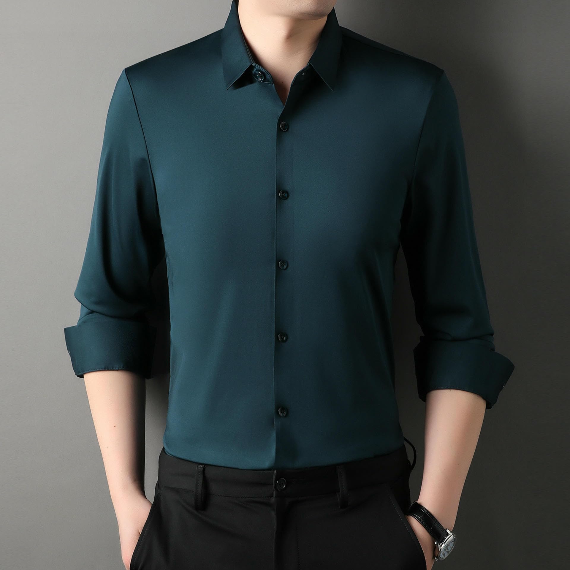 Herren Einfarbiges Langarm Nahtloses Knitterfreies Elastisches Atmungsaktives Business Casual Schmal Geschnittenes Weißes Hemd