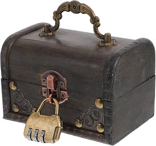 SHINEOFI Vintage Wooden Treasure Chest Storage Box with Metal Lock, Multifunctional Handheld Wooden Keepsake Box for Home Jewelry Storage and Outdoor Use, Antique Style Decorative Organizer