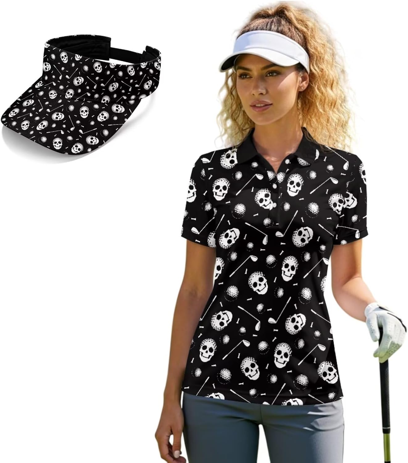 Women Golf Polo and Sun Visor Hat for Summer Sports Breathable 2 Piece Button Golf Top Set
