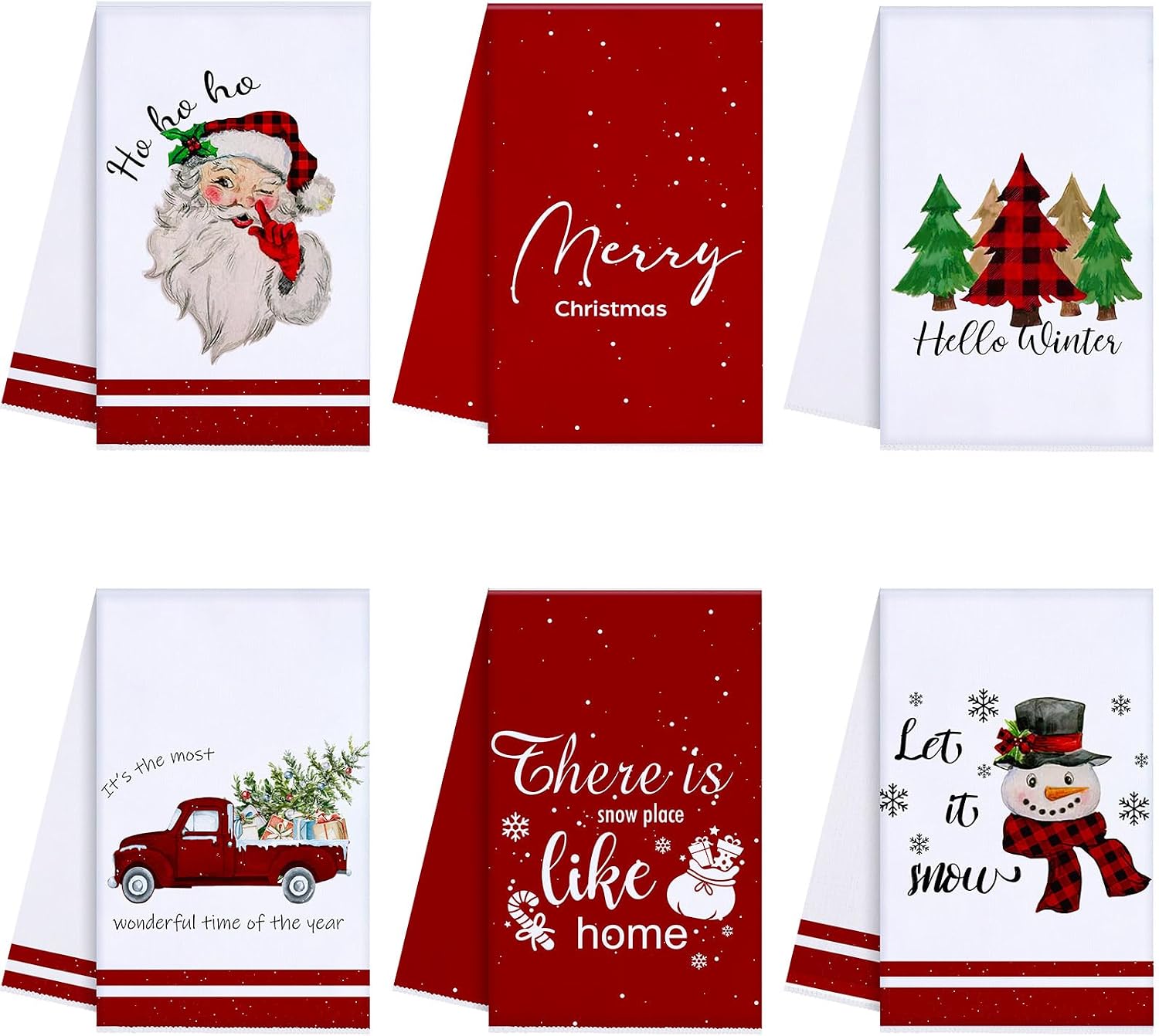 Oudain 6 Pcs Christmas Kitchen Towels Red and White Christmas Hand Towels Xmas Tree Snowman Dish Cloths 24 x 16 Inch Santa Truck Decorative Tea Dishcloths for Home Kitchen Bathroom Winter Xmas Gifts