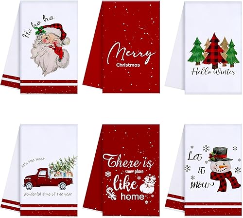 Oudain Juego de 6 toallas de cocina y paños de cocina de Navidad, Papá Noel, árbol de Navidad, muñeco de nieve, paños de cocina de invierno, juego