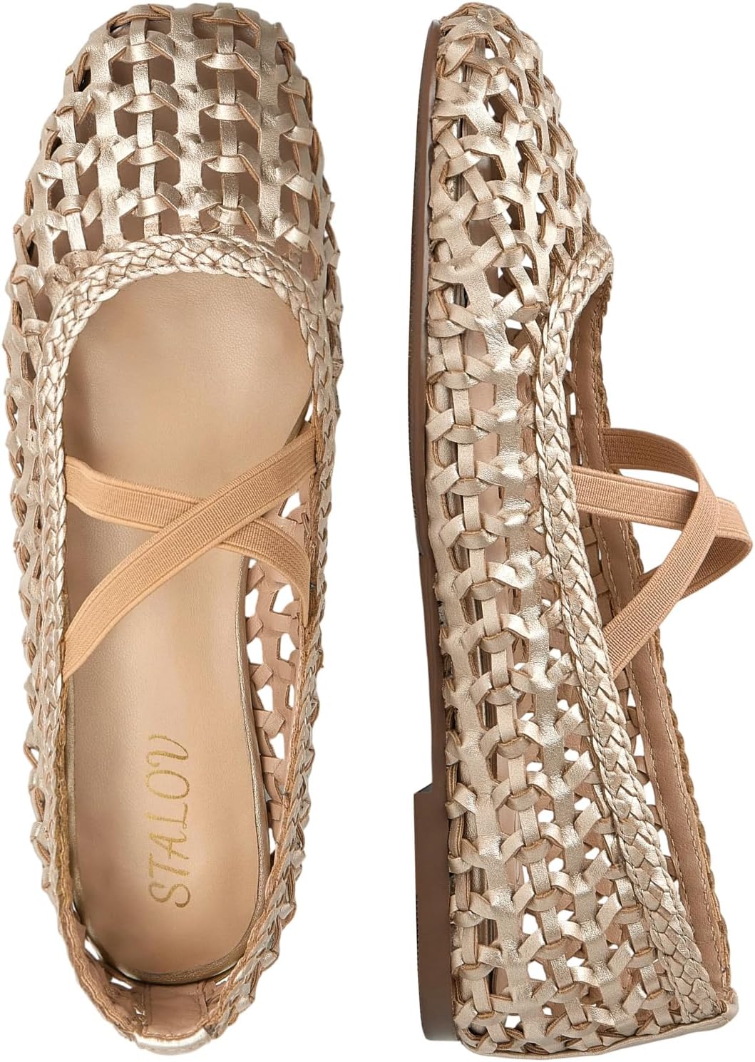 STALOV Woven Ballet Flats for Women Square Toe Criss-Cross Straps Mary Jane Flats Comfortable Dress Casual Slip on Ballerina Shoes