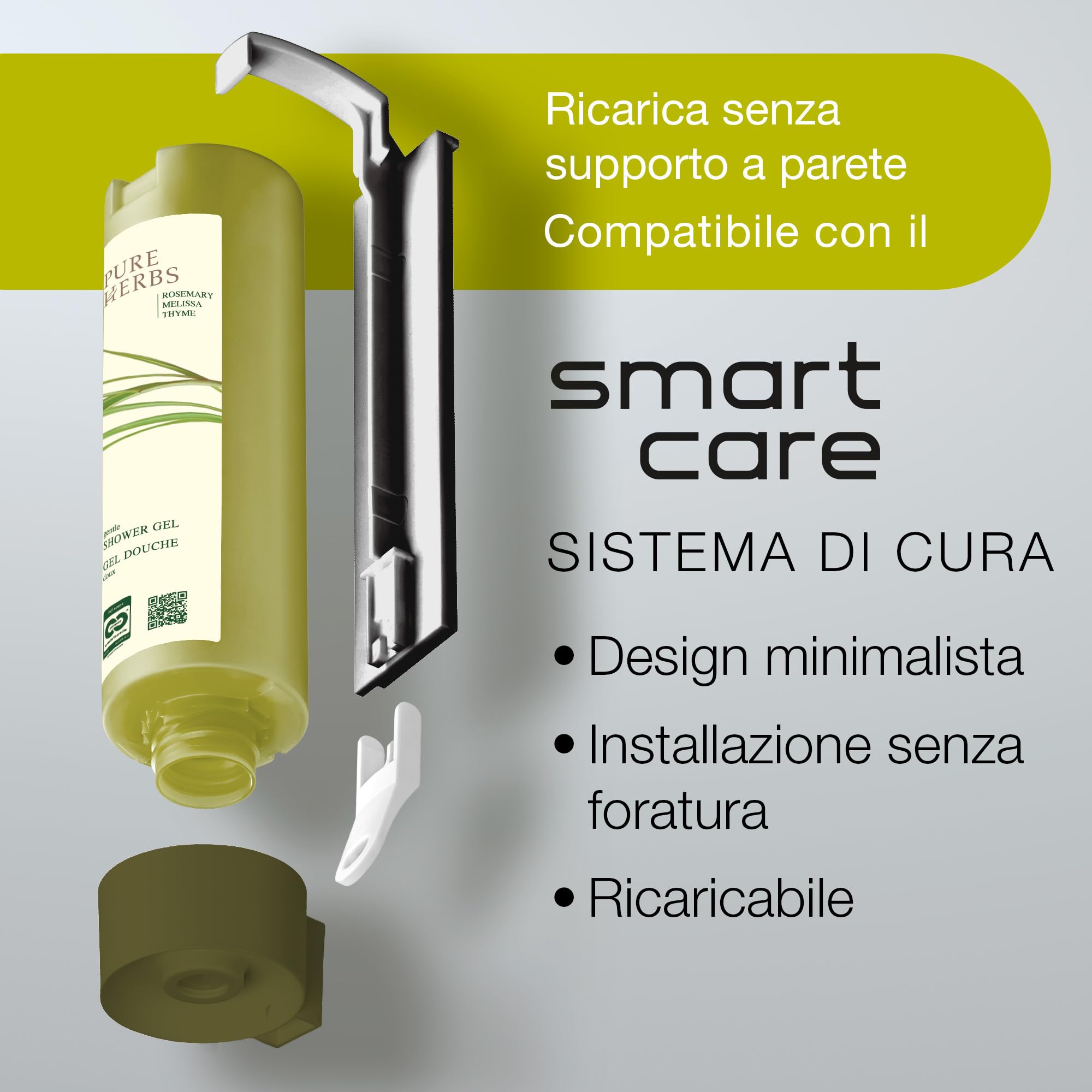 ADA Cosmetics Gel doccia vegano con melissa, timo e rosmarino, ricarica per supporto da parete Smart Care, idratante e idratante, profumo di erbe, Pure Herbs, Made in Germany, 6 x 300 ml