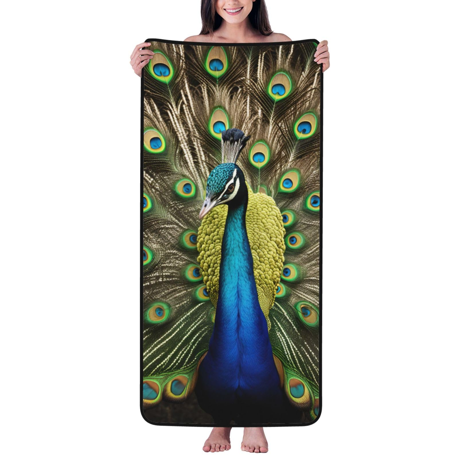 Ztpowqa Women's Black Peacock Feather Print Coral Velvet Bath Towel For Home Gym Lounging Bathroom Spa Hotel Beach Travel