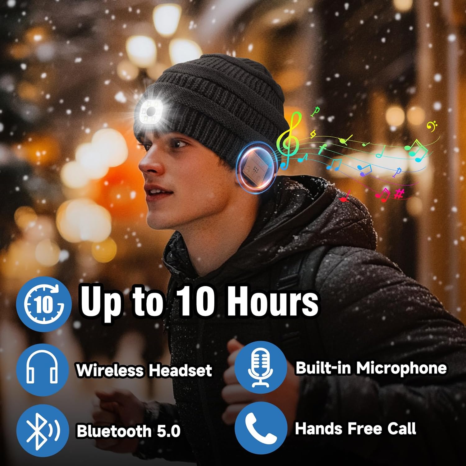 Rotibox Bluetooth Beanie Hat with Light, Music Knit Hat with Headphones for Outdoor Sports,Gifts for Men, Stocking Stuffers for Men - Image 3