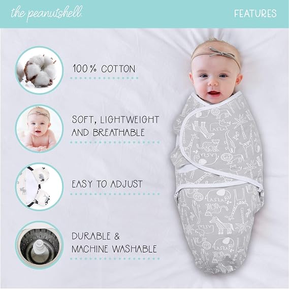 The Peanutshell Baby Swaddle Blankets for Boys or Girls, Grey Safari Animals & Stars, 3 Pack Wrap Set (Medium/Large)