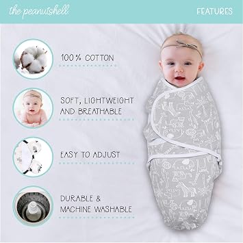 The Peanutshell Baby Swaddle Blankets for Boys or Girls, Grey Safari Animals & Stars, 3 Pack Wrap Set (Medium/Large)