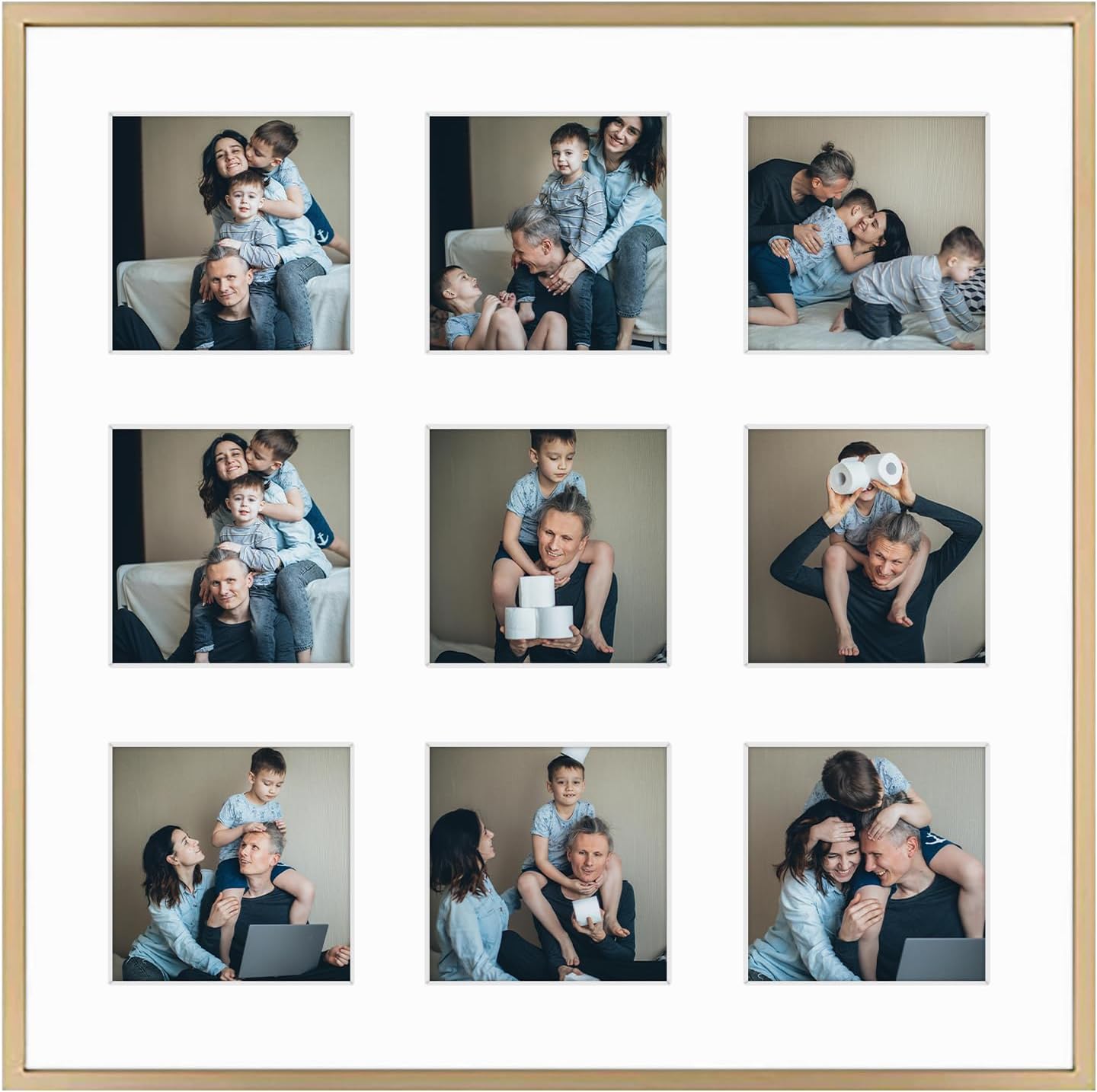 Frametory - 16x16 Aluminum Collage Picture Frame - Display 4x4 Pictures with 9 Openings Mat - Real Glass Front - Horizontal/Vertical Wall Mount - Gold 1 Pack