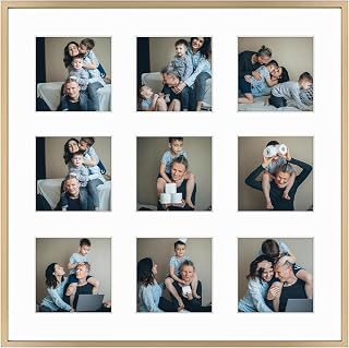 Frametory 16x16 Gold Aluminum Collage Frame for 4x4 Pictures 1 Pack | Real Glass Frame Fits 4x4 Photos with 9 Open Mat, Hook included for Wall Display