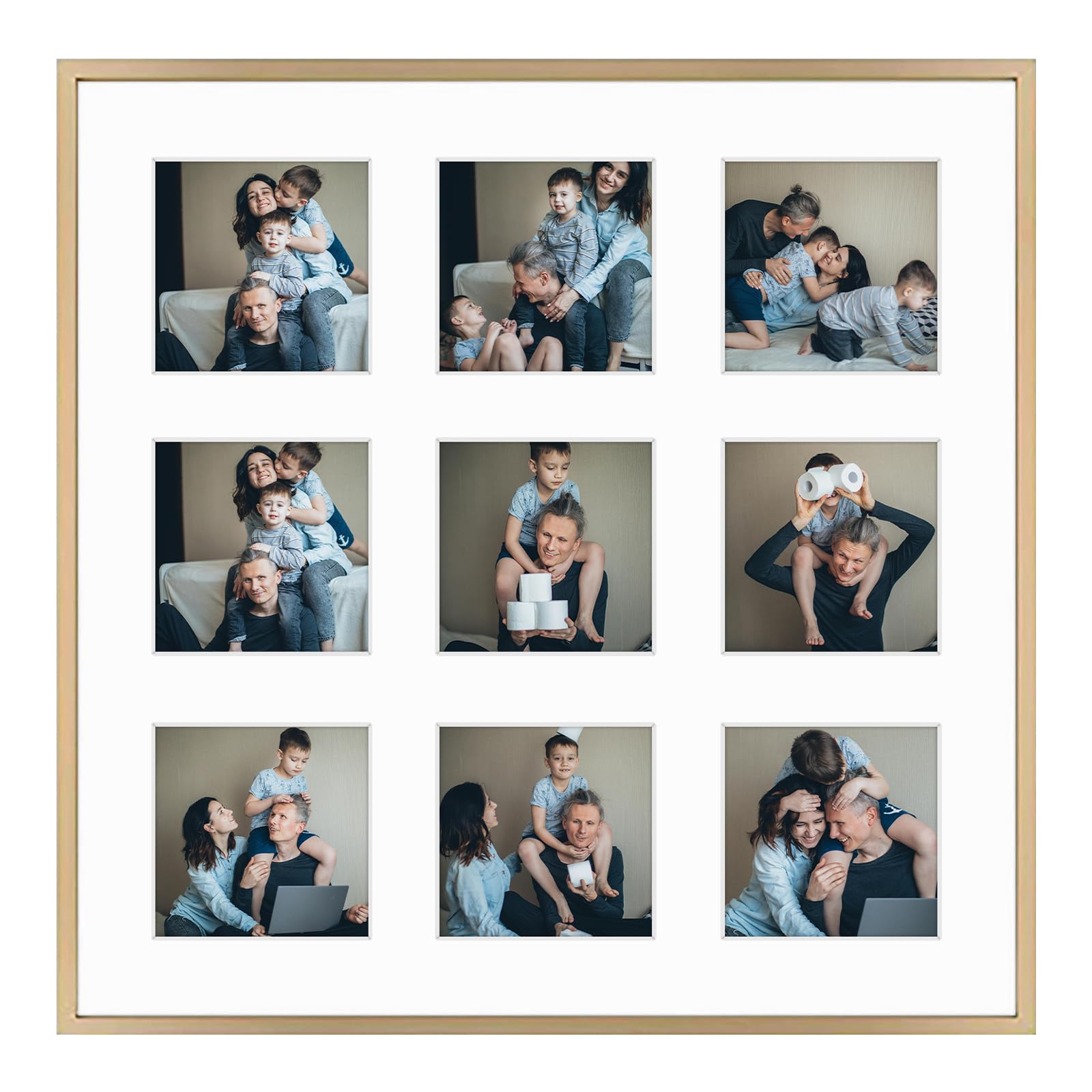Frametory - 16x16 Aluminum Collage Picture Frame - Display 4x4 Pictures with 9 Openings Mat - Real Glass Front - Horizontal/Vertical Wall Mount - Gold 1 Pack