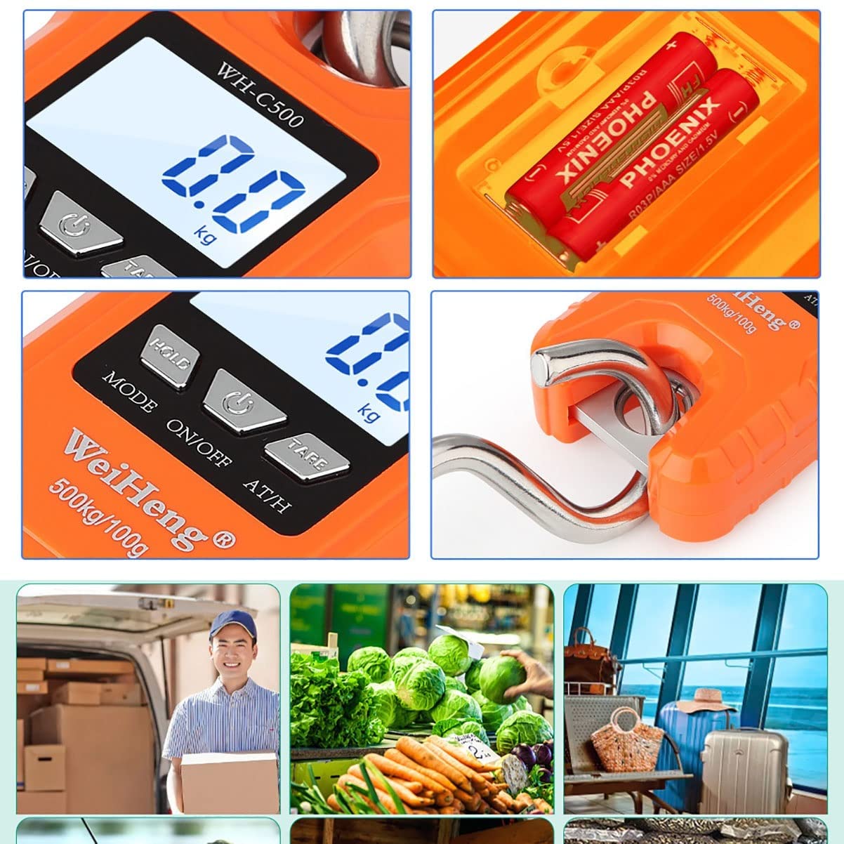 Gepäckwaage, Kofferwaage, 500 kg Mini-Kranwaage, tragbare 1000 Pfund, robuste digitale Hängewaage mit LCD-Display (Farbe: Schwarz, Größe: 500 kg/200 g) (Farbe: Oranje, Größe: 500 kg/2