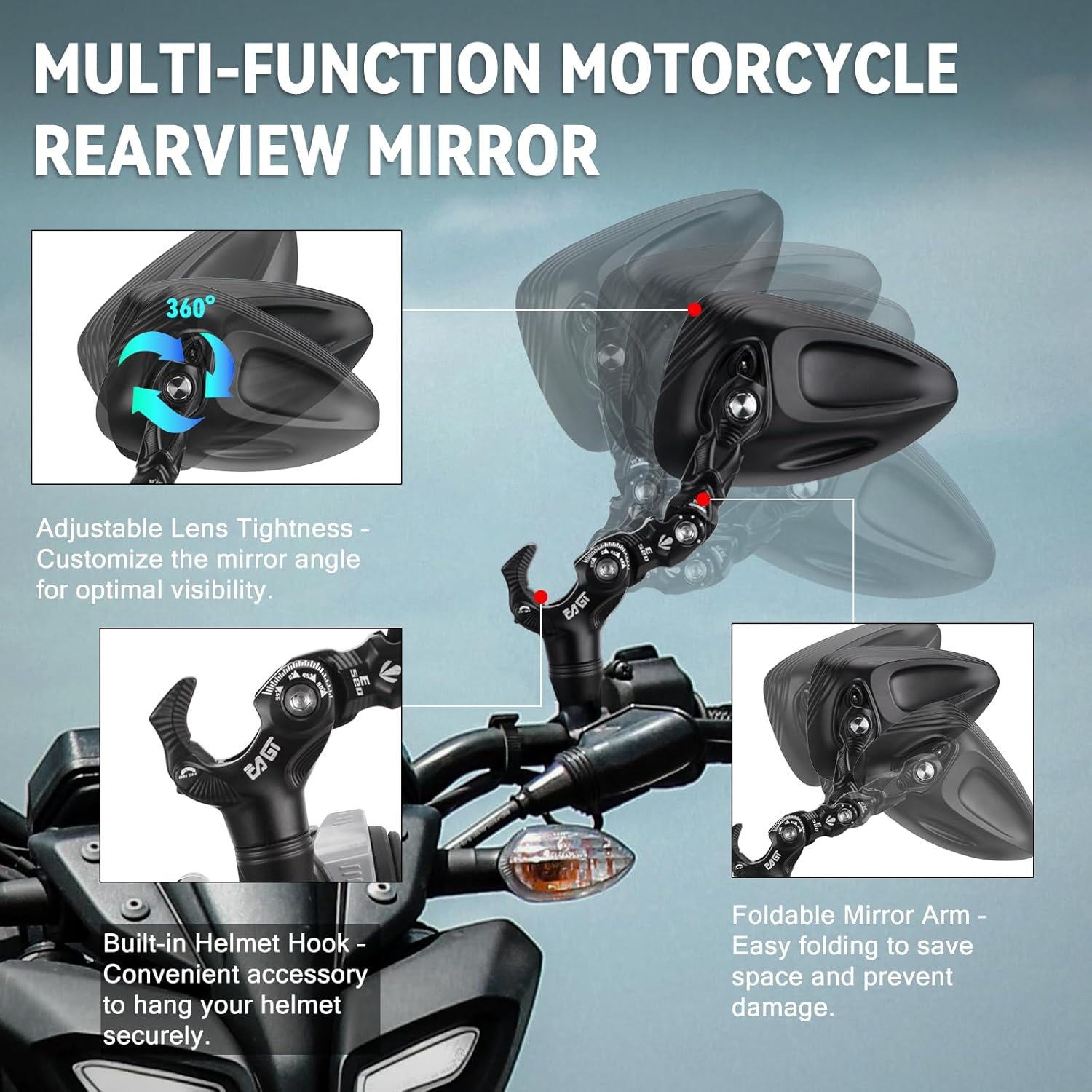 Motorcycle Mirrors CNC Heavy Duty Rearview Side Mirror Motorcycles Universal 8mm 10mm Bolt Foldable Compatible With Honda Ruckus Yamaha Scooter ATV Accessories (Black M8/M10)