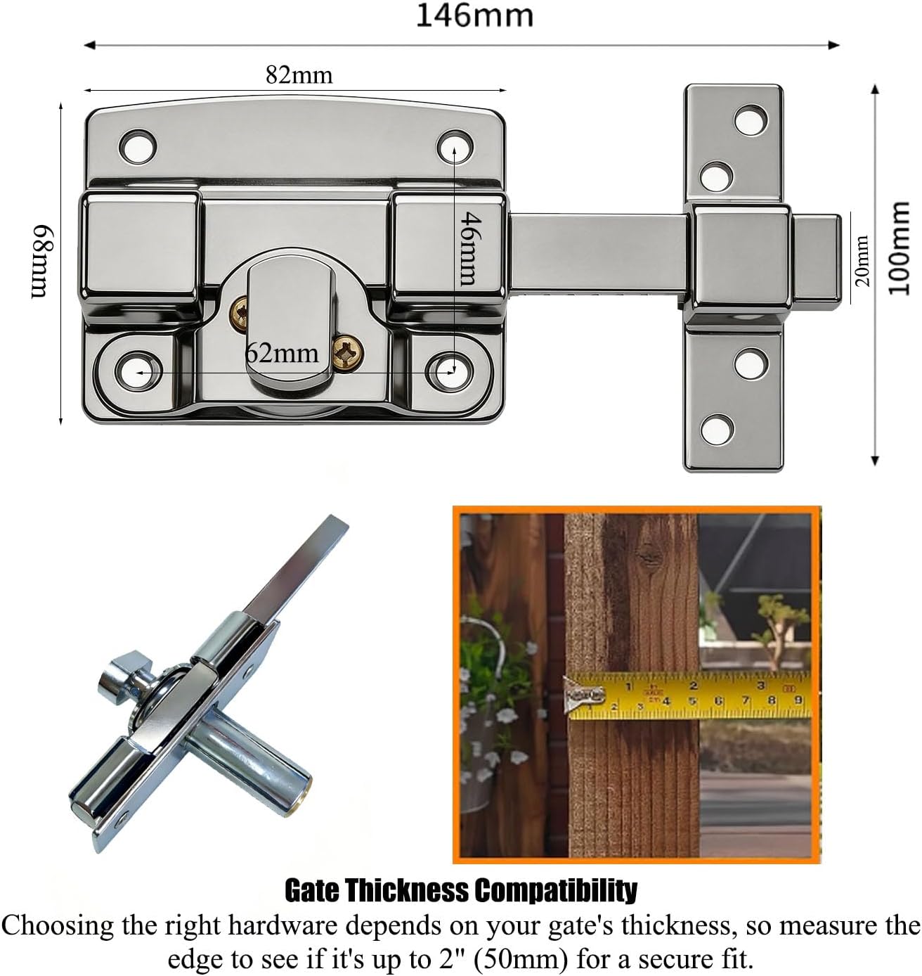 2" Double Locking Long Throw Gate Lock with 2 Keys, for Fence, Garden, Barn and Shed Door