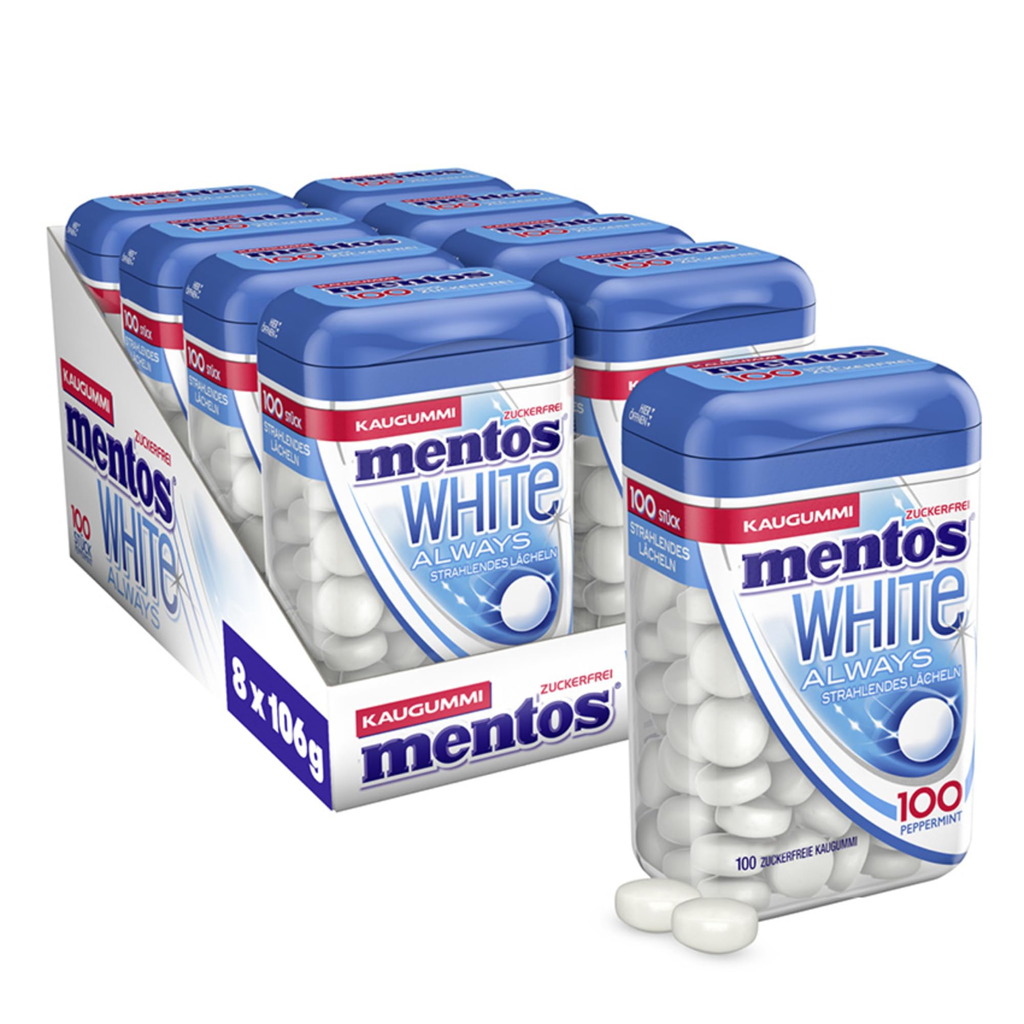 Mentos Kaugummi Always White, 8 XL-Dosen zuckerfreie Chewing Gum Dragees à 100 Stück mit Pfefferminz-Geschmack für strahlendes Lächeln (8 x 100 Stück)