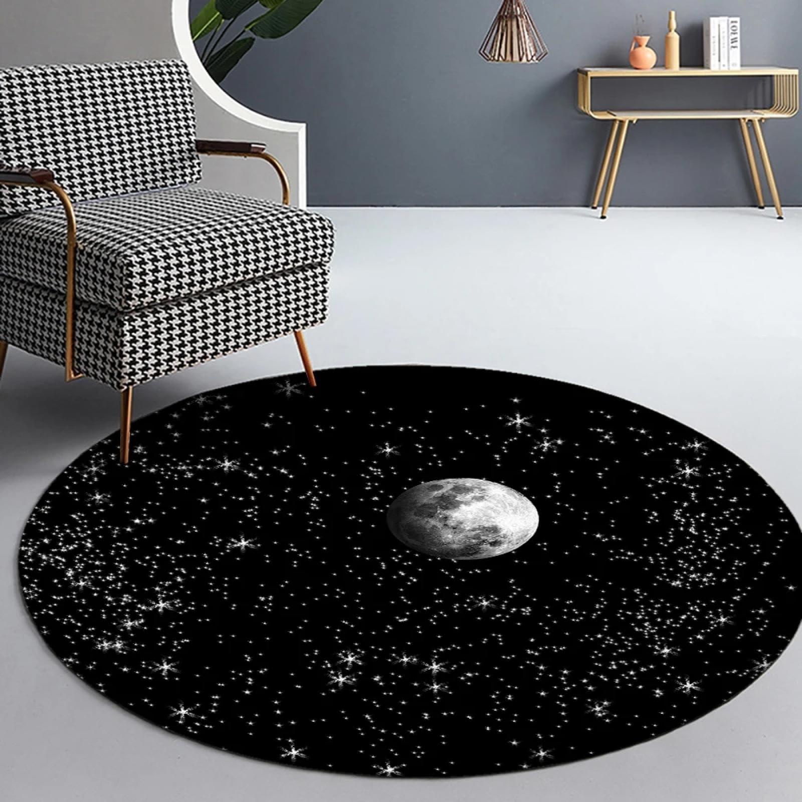Tapis rond noir ciel étoilé moderne lune tapis de sol salon chambre 100cm