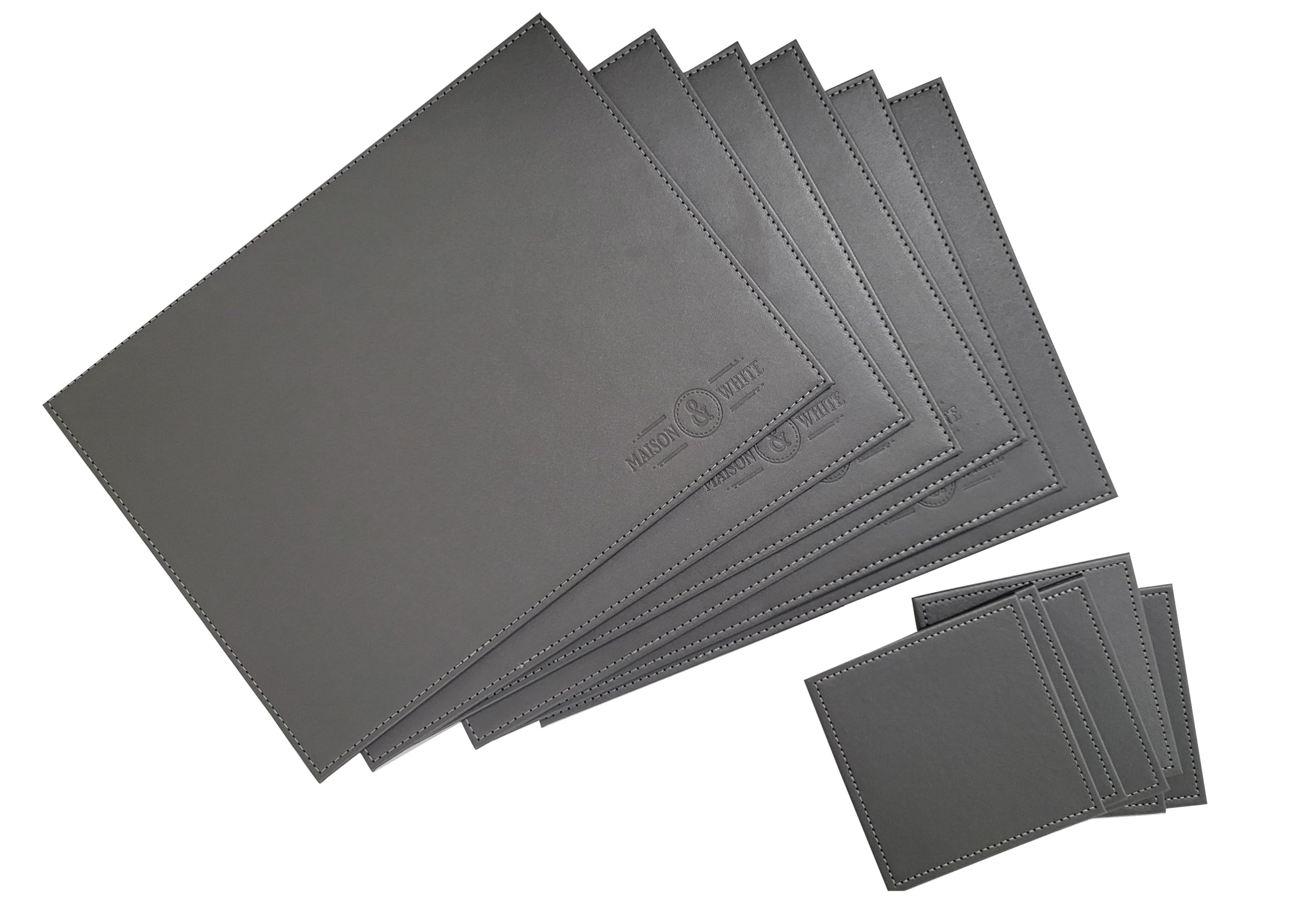 Maison & White Grey Placemats And Coasters Set Of 12, Faux Leather Table Mats | 6 Placemats & 6 Coasters | Washable Dining Place Mats | M&W