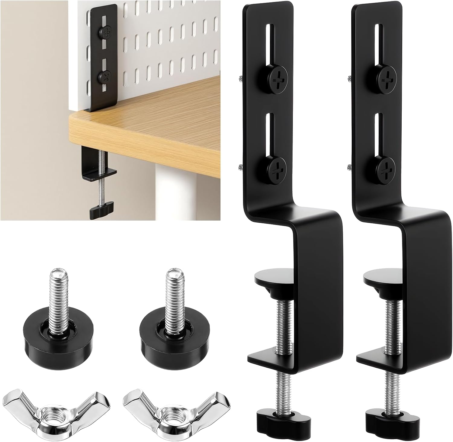 2 Pcs Desk Clamp, Tabletop Pegboard Fixing Bracket, Desktop Fixing Bracket, Office Game Home Desktop Accessories Bracket, Pegboard Organizer Metal Bracket (Black)