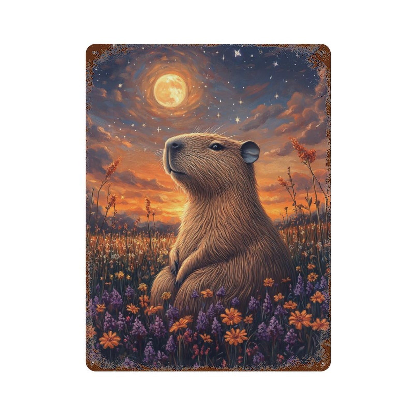 Vintage Metal Tin Sign Moonlit Capybara Meadow 15.7"x11.8", Classic Wall Plaque for Pub, Kitchen And Man Cave Decor