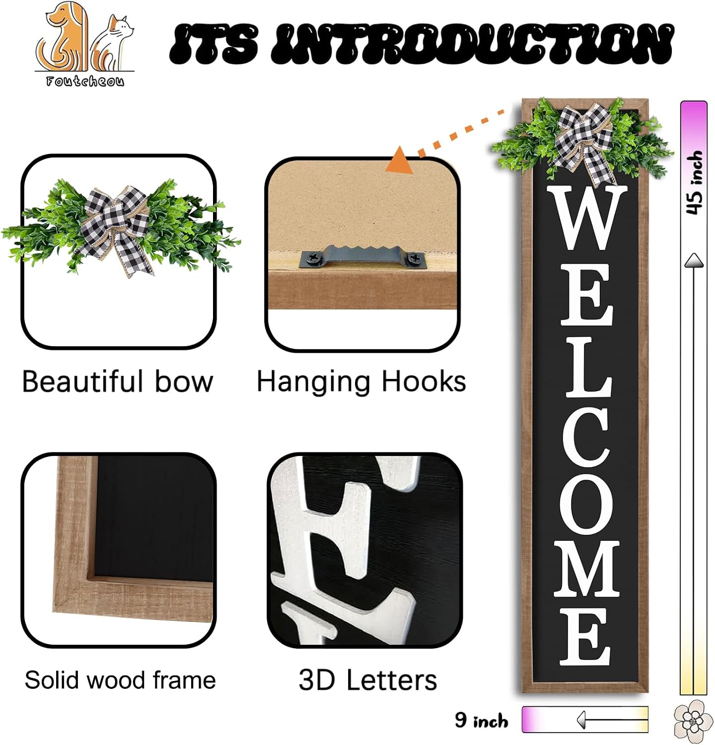 3D Outdoor Welcome Sign for Front Porch Standing 45"X9" Large Rustic Farmhouse Leaner Tall Vertical Soild Wooden Framed Plaque Modren Beautiful Outside Home Front Door Decorations (Wood Black)