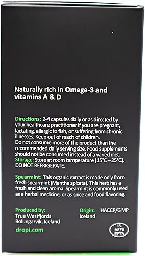 Miniatura 8 de Dropi - Cápsulas de aceite de hígado de bacalao islandés puro, extra virgen, extracto de menta verde fresca orgánica, cápsulas blandas de aceite de