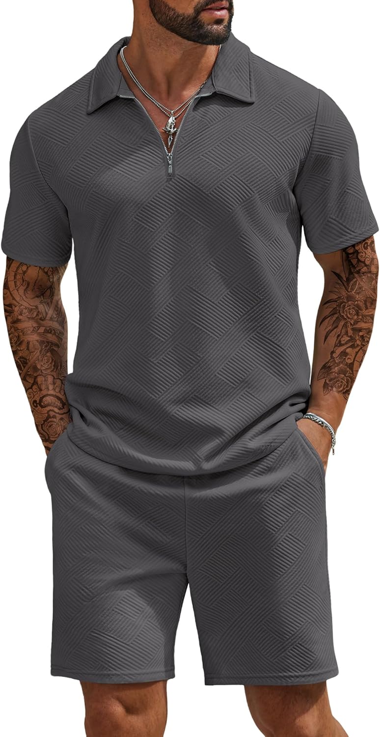 COOFANDY Mens Tracksuit Casual 2 Piece Quarter Zip Polo Shirt and Shorts Set Athletic Jogging Sports Outfits