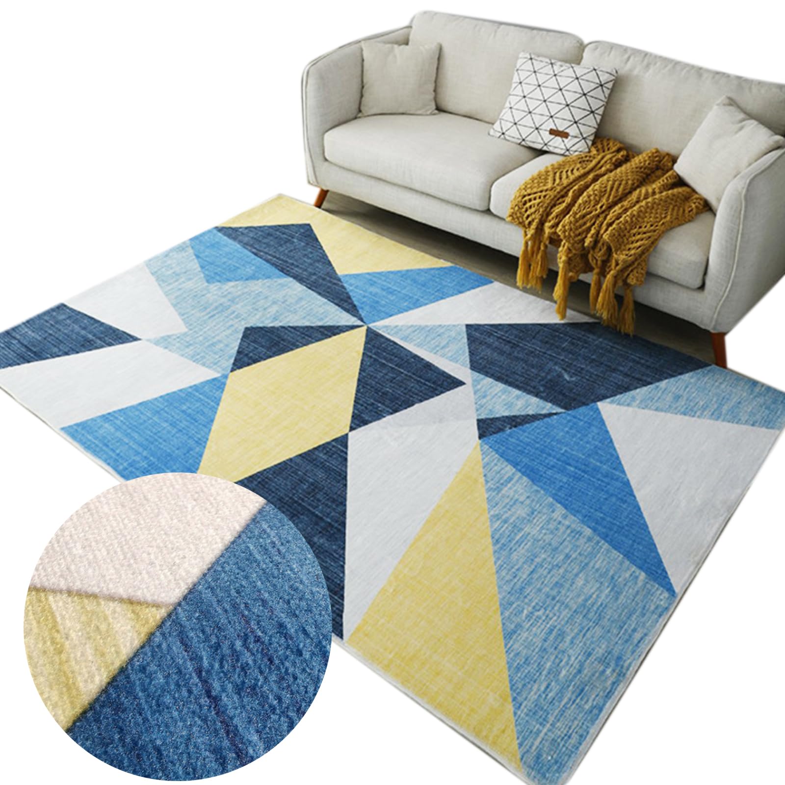 Tapis de Salon Scandinave, Motif Géométrique Losange, Bleu et Jaune, Imitation Cachemire, 120x160 cm, Antidérapant