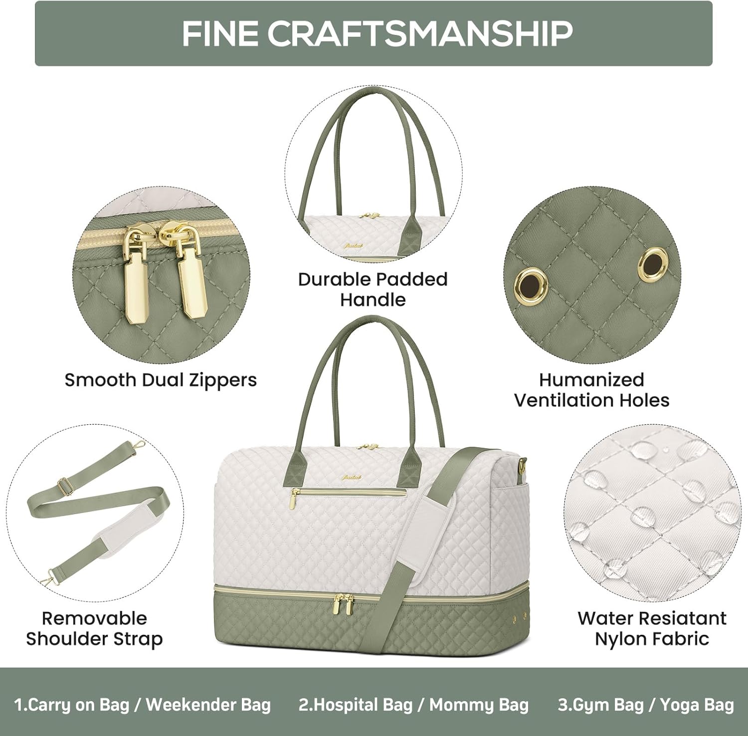 Travel Weekender Duffle Bags for Women - Duffel Bag with Shoe Compartment Carry On Overnight Bag with Toiletry Bag with Wet Pocket for Gym Hospital Bags for Labor and Delivery Beige Green - Image 5