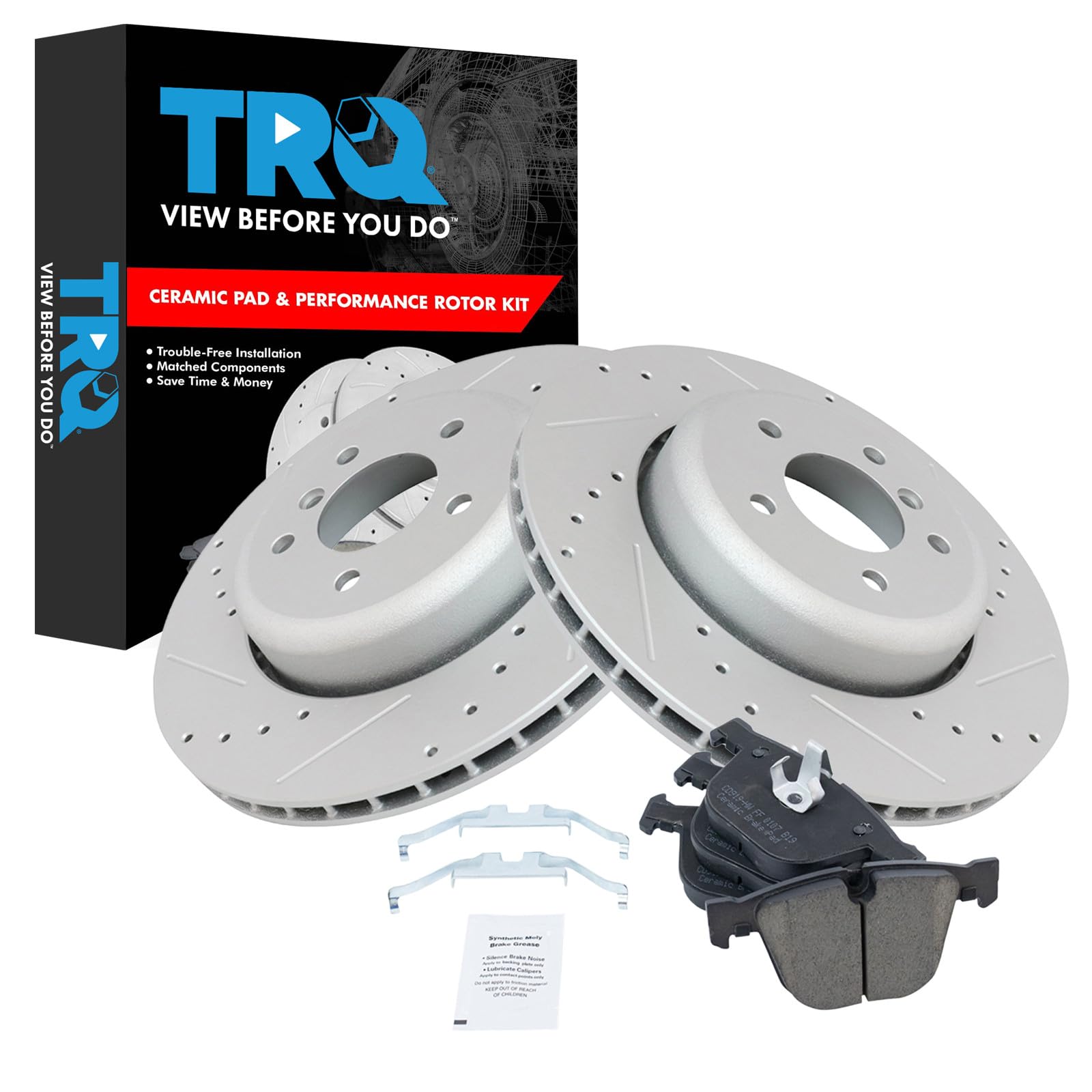 TRQ Performance Rear Brake Pad and Rotor Set Ceramic Coated Drilled Slotted Compatible with 2008-2010 BMW 535i 2004-2005 545i 2006-2010 550i 645Ci 2007-2010 650i