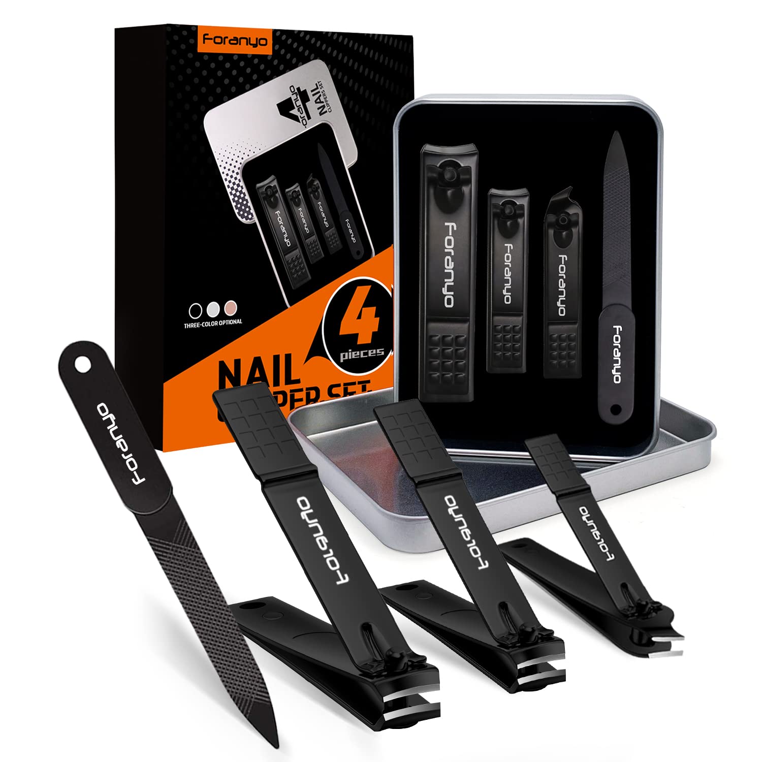 ForanyoNail Clipper Set - 4 Pack Nail Clippers for Men Women, Stainless Steel Fingernail & Toenail Clippers Nail Cutter Set with Metal Tin Box for Thick Nails [Black]