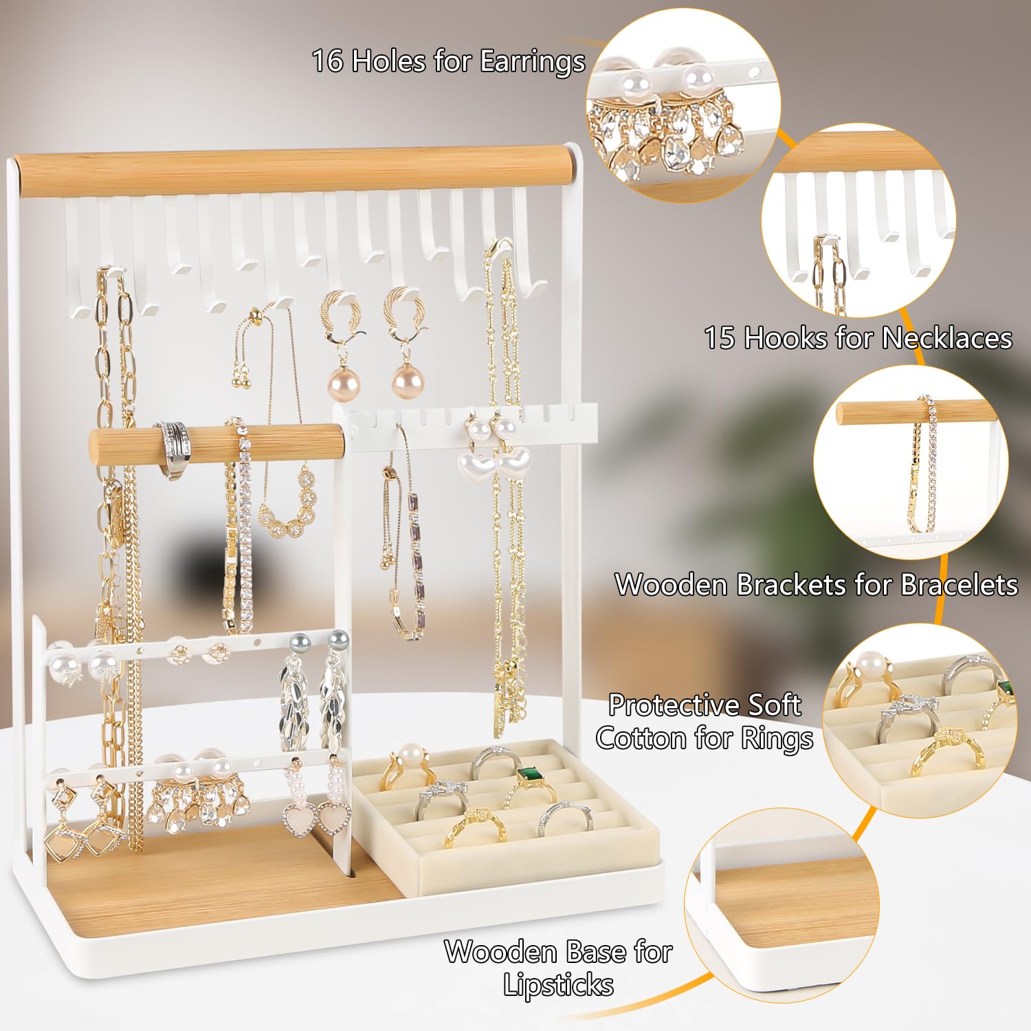 Jewelry Organizer Stand with Velvet Ring Holder, 4 Tier Jewelry Holder with 15 Hooks Necklace Organizer Bracket Holder,16 Holes Jewelry Stand for Earring,4-Layer Rotating Jewelry Box Tray Case(White)