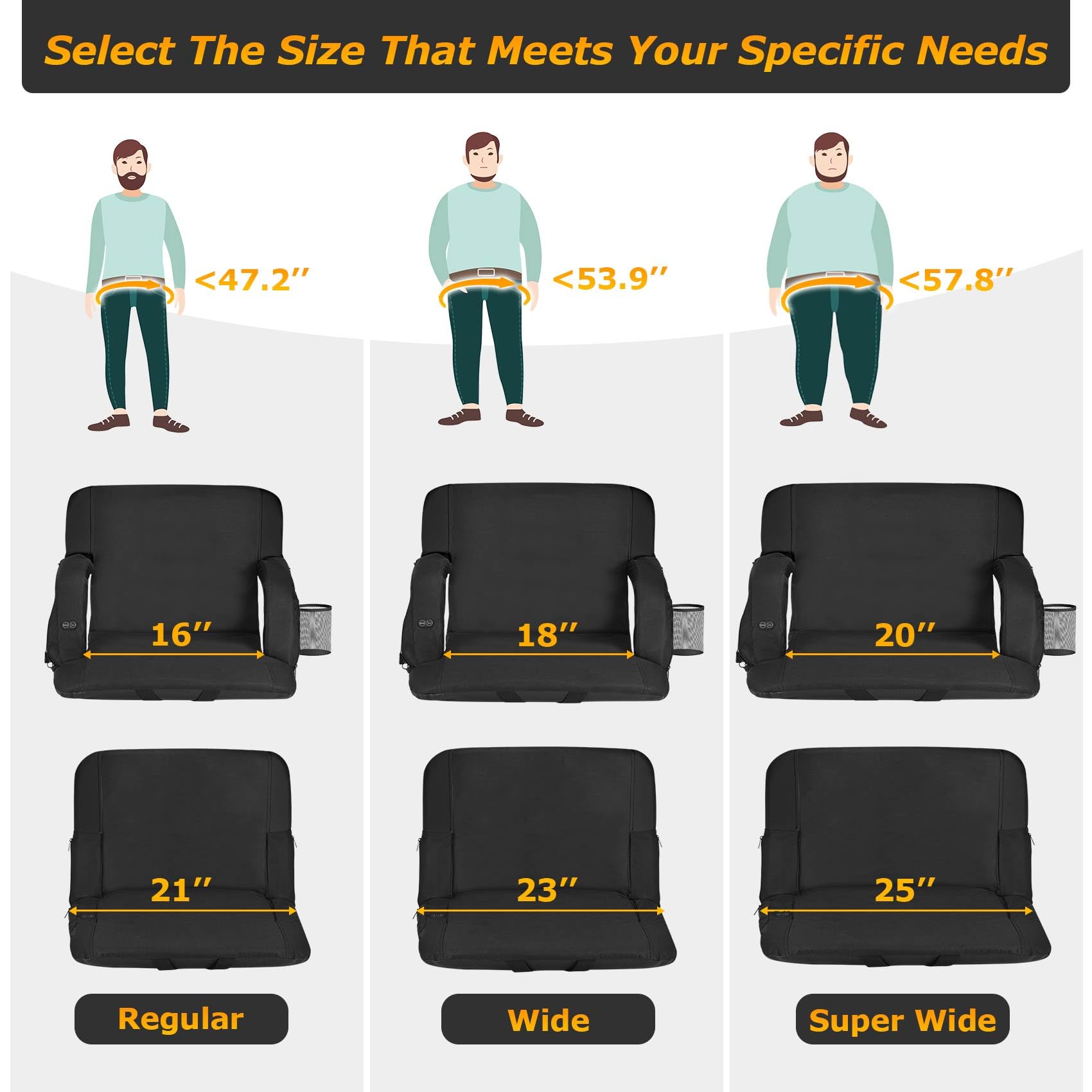Seeutek 2 Sided Heated Stadium Seats with Back Support and Wide Cushions for Bleachers, Portable Bleacher Chairs with Backrest, USB 3 Levels and 5 Pockets Foldable Stadium Chairs, 1PC 23Inch