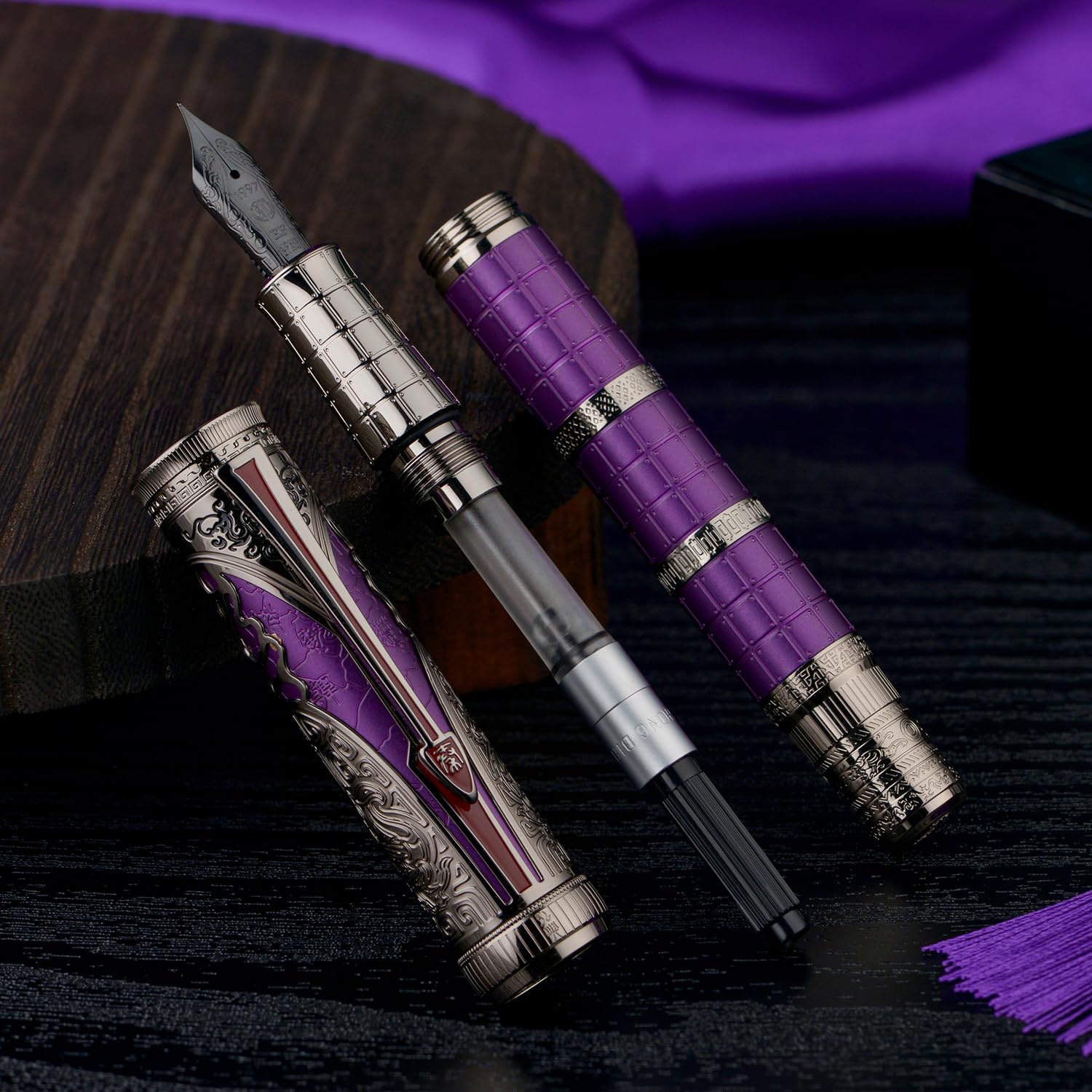 Hongdian D5X Stylo-plume à pointe fine, dynastie Qin, style rétro chinois, gravure totem chinoise, stylo d'écriture lisse, convertisseur et coffret à stylos