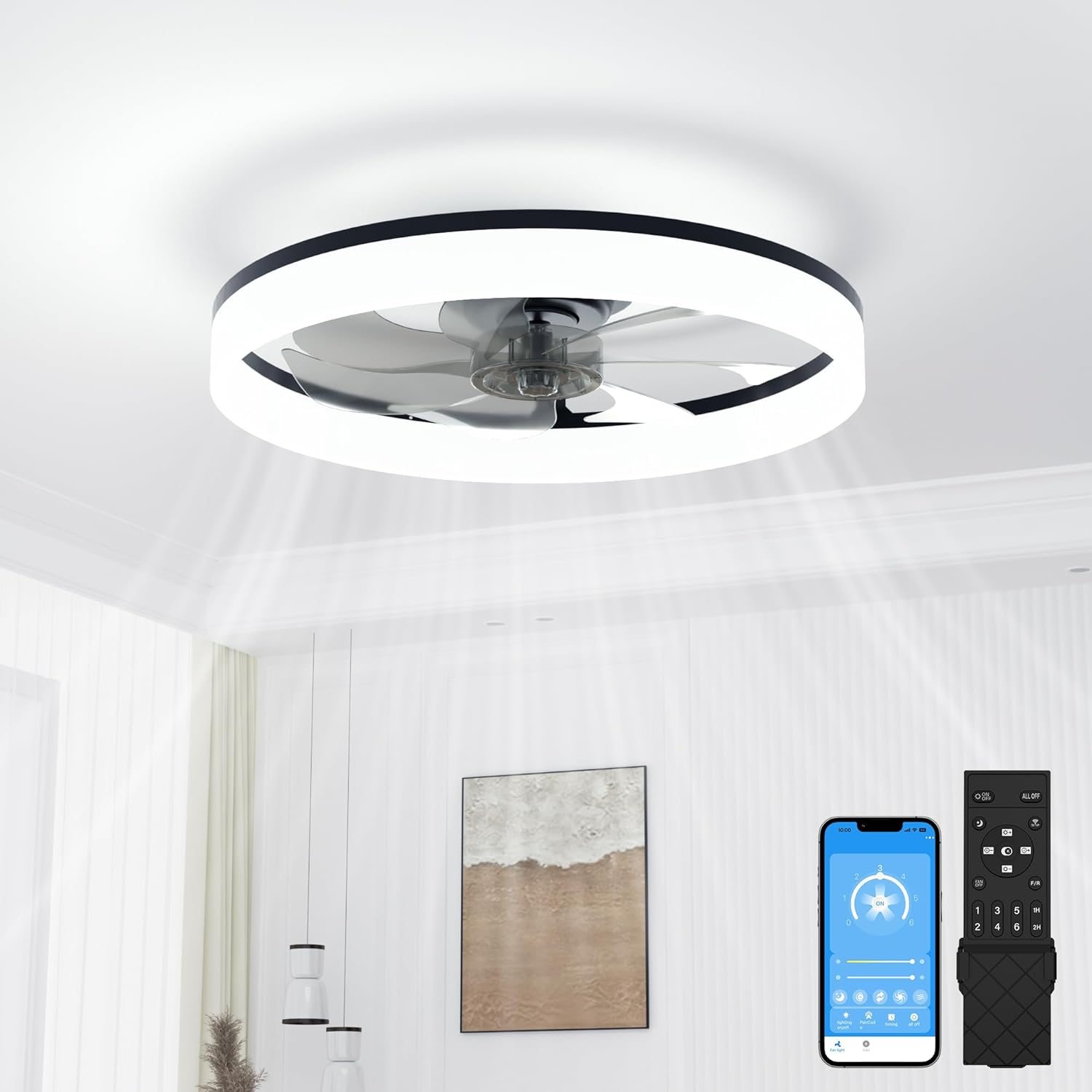VOLISUN Low Profile Ceiling Fans with Lights and Remote, Bladeless Ceiling Fan with Light Flush Mount, No Assembly, 3000K-6500K Dimmable, Black Fandelier Ceilings Fans with Lights for Bedroom
