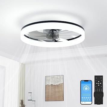 VOLISUN Low Profile Ceiling Fans with Lights and Remote, 20in Fandelier Ceiling Fan with Light, 3000K-6500K Dimmable Bladeless LED Fan Light, Black Flush Mount Ceiling Fans with Lights for Bedroom
