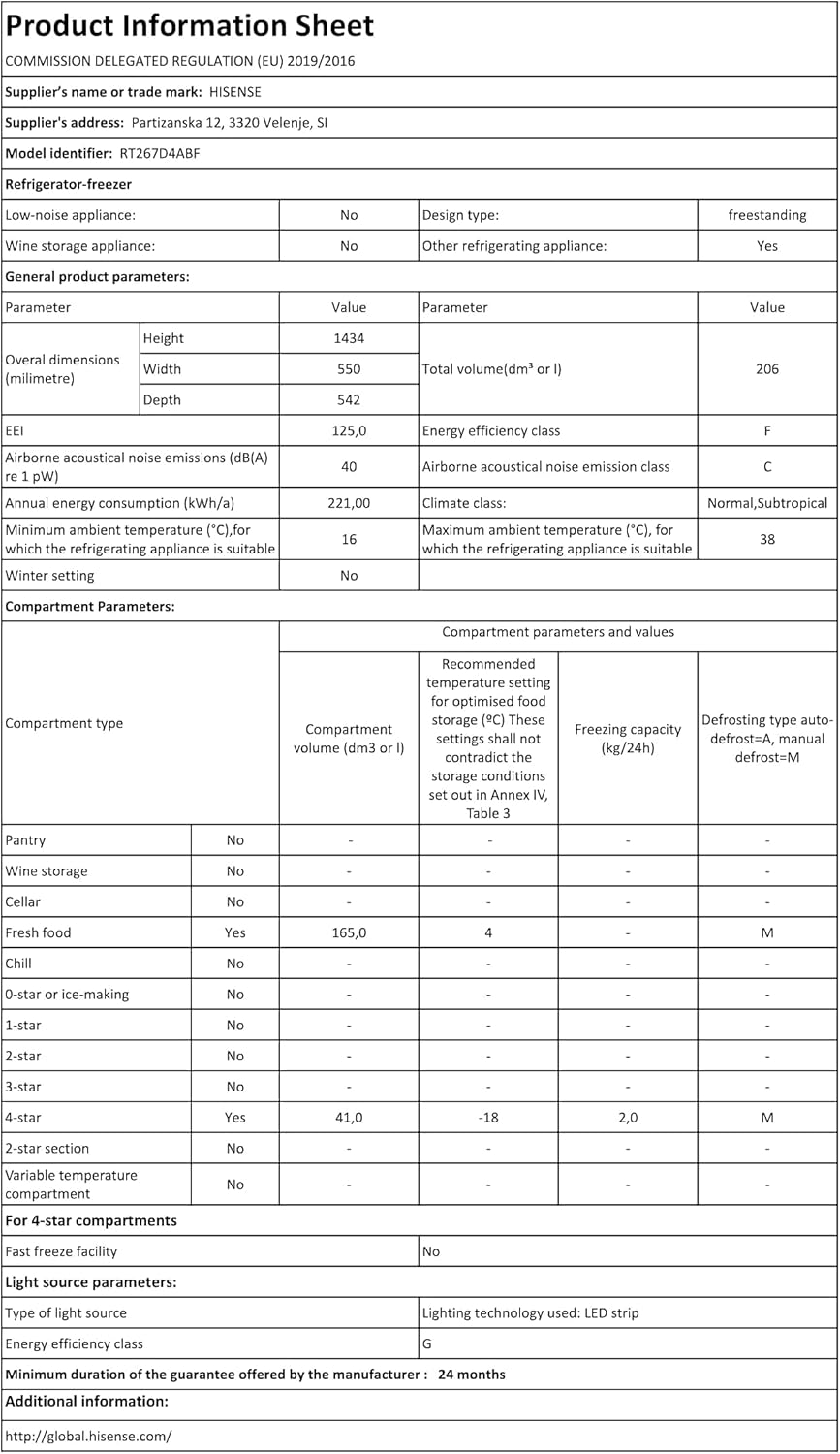 Hisense RT267D4ABF Frigorifero Doppia Porta a Libera Installazione Modello 2021, 205 L, Nero Hisense RT267D4ABF Frigorifero Doppia Porta a Libera Installazione Modello 2021, 205 L, Nero