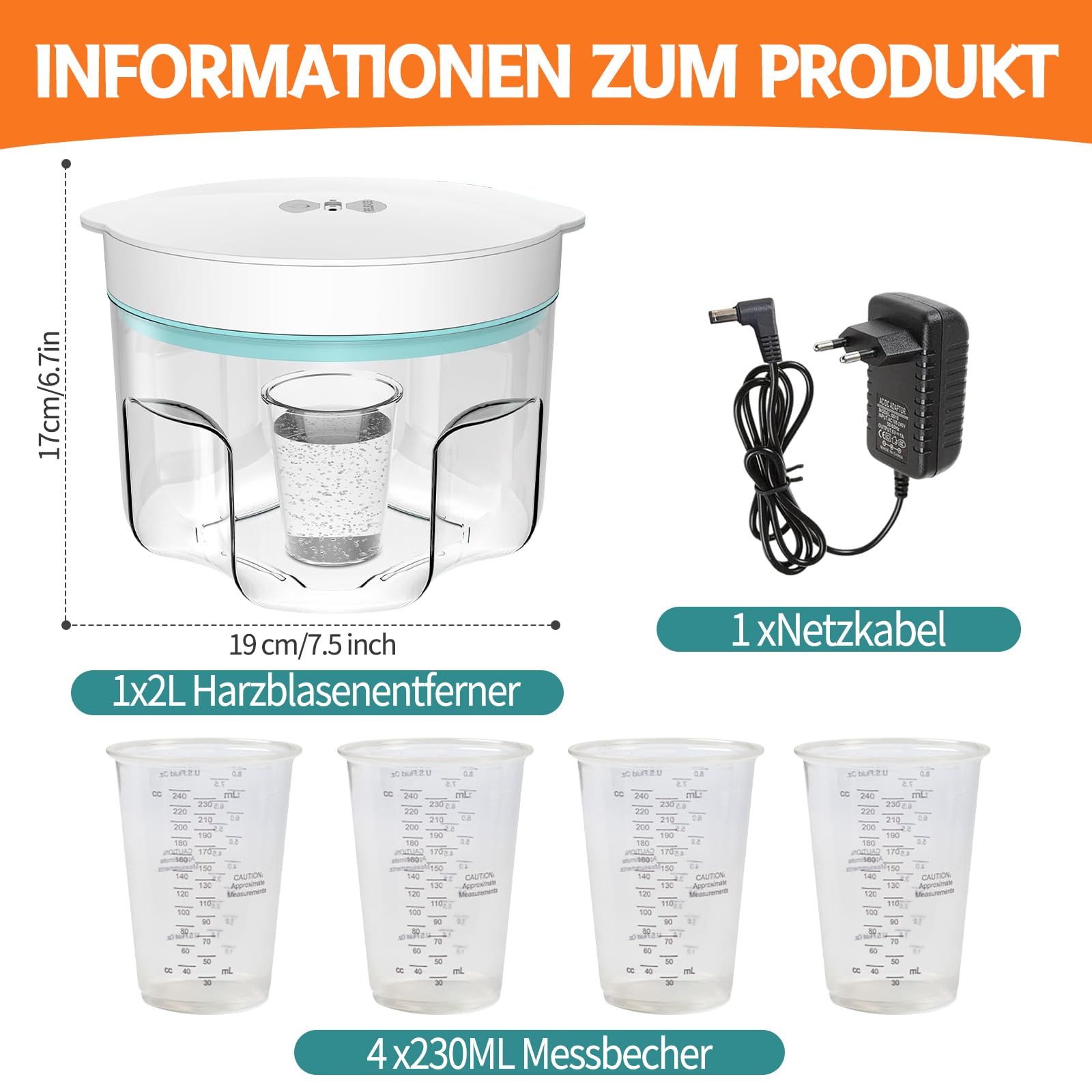 Środek do usuwania pęcherzyków powietrza z żywicy, 2 l, z 4 kubkami pomiarowymi 240 ml, usuwa 99% pęcherzyków w ciągu 5-10 minut, 95 kPa próżniowa żywica epoksydowa, bezpowietrzna maszyna do żywicy