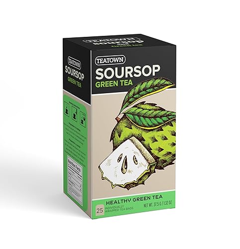 Bolsas de té verde de graviola de guanábana de Ceilán con cafeína prémium: 25 bolsas de té envueltas individualmente, esencia de frutas exóticas y