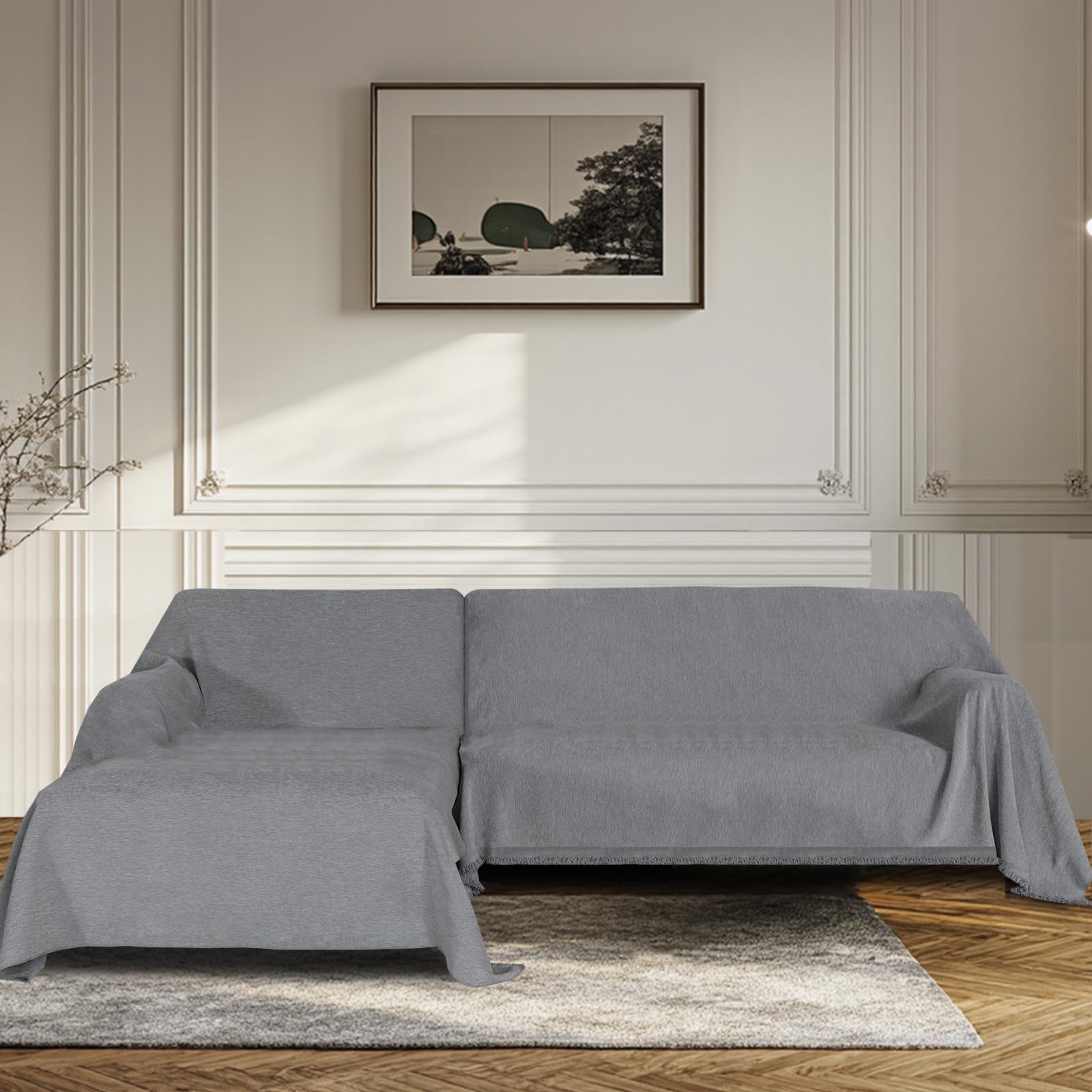 BellaHills Cubre Sofa Chaise Long 3 Plazas Verano Impermeable Funda Sofá Antideslizante Antimanchas Protector Sofá Chenilla Reversible Universal Gris