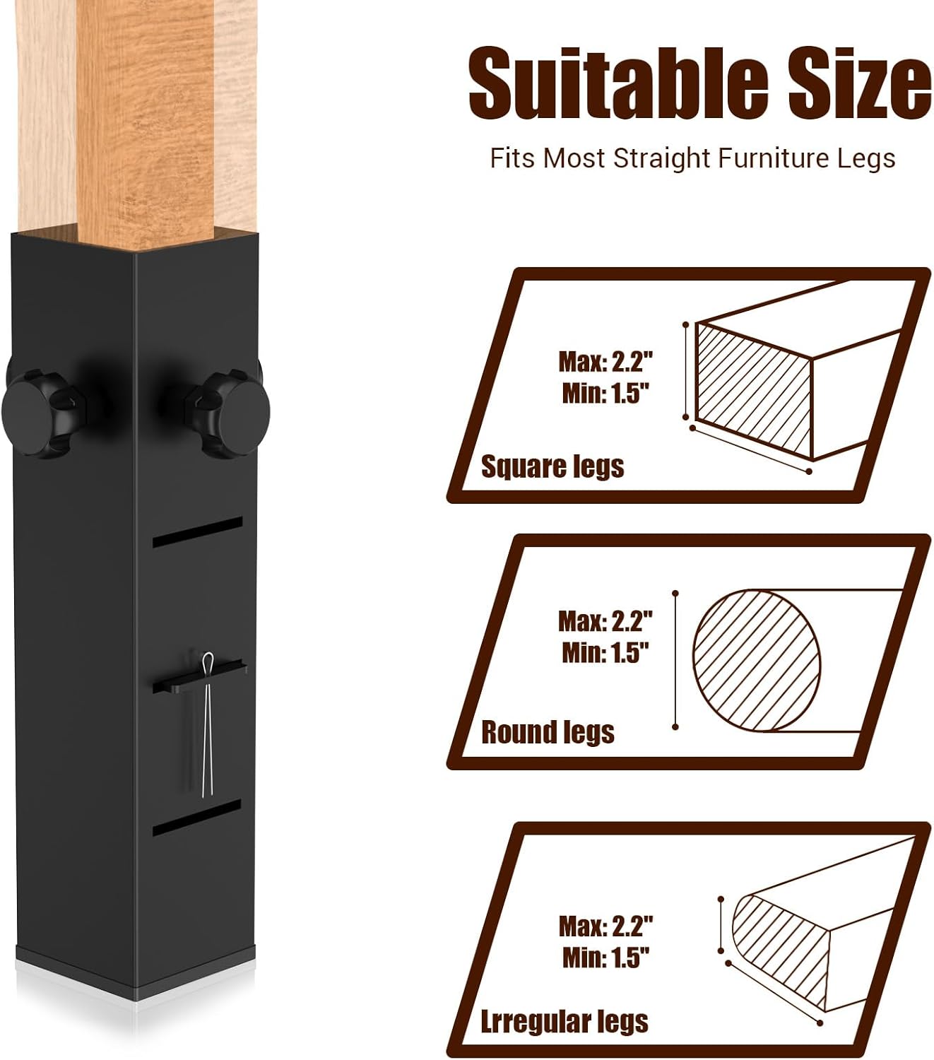 Heavy Duty Dorm Bed Risers Extenders, Increase Under-Bed Storage Space, Fits Bed Legs 1.5" to 2.2" Diameter, Thickened Steel for Extra Stability, 3-Level Adjustable Height, Black, 4-Piece.