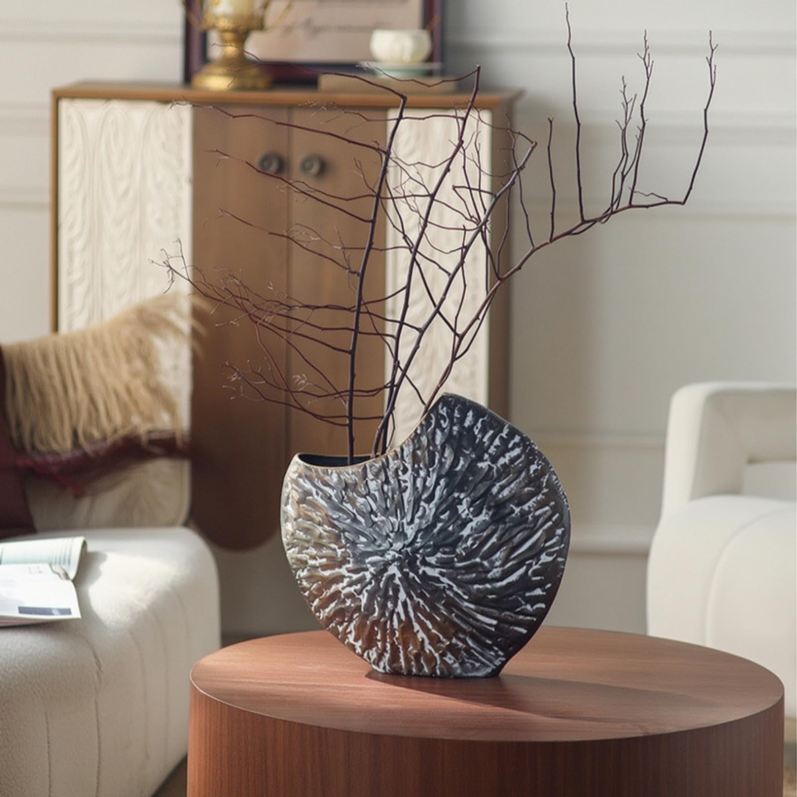 Jarrón Hierro Decorativo con Relieve, 39cm X 12cm X 36.5cm | Metálico, Moderno Rústico, Jarrón Irregular Hierro, para Estantería, Hogar
